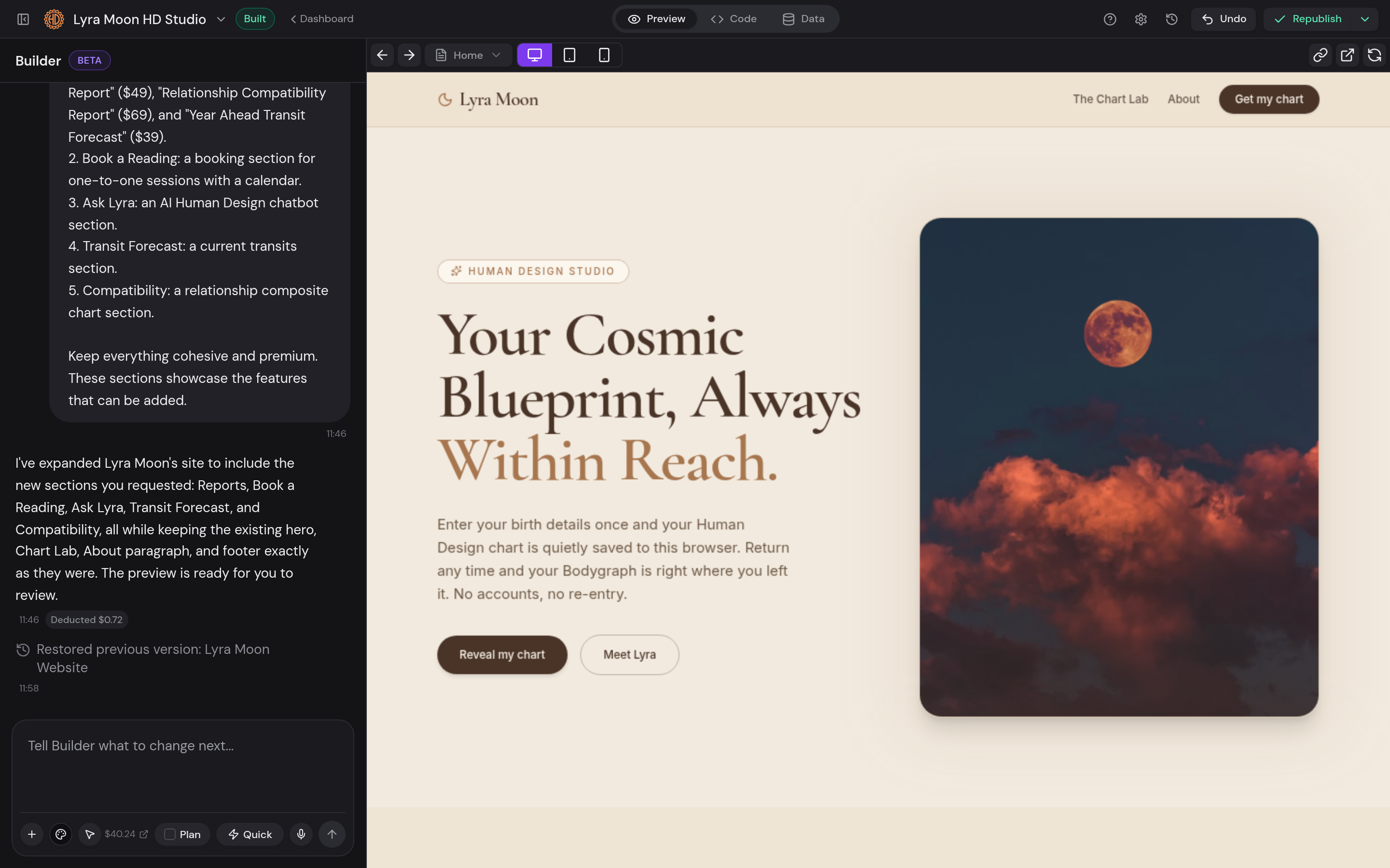 Pro Website Builder showing conversational editing beside a live practitioner website preview
