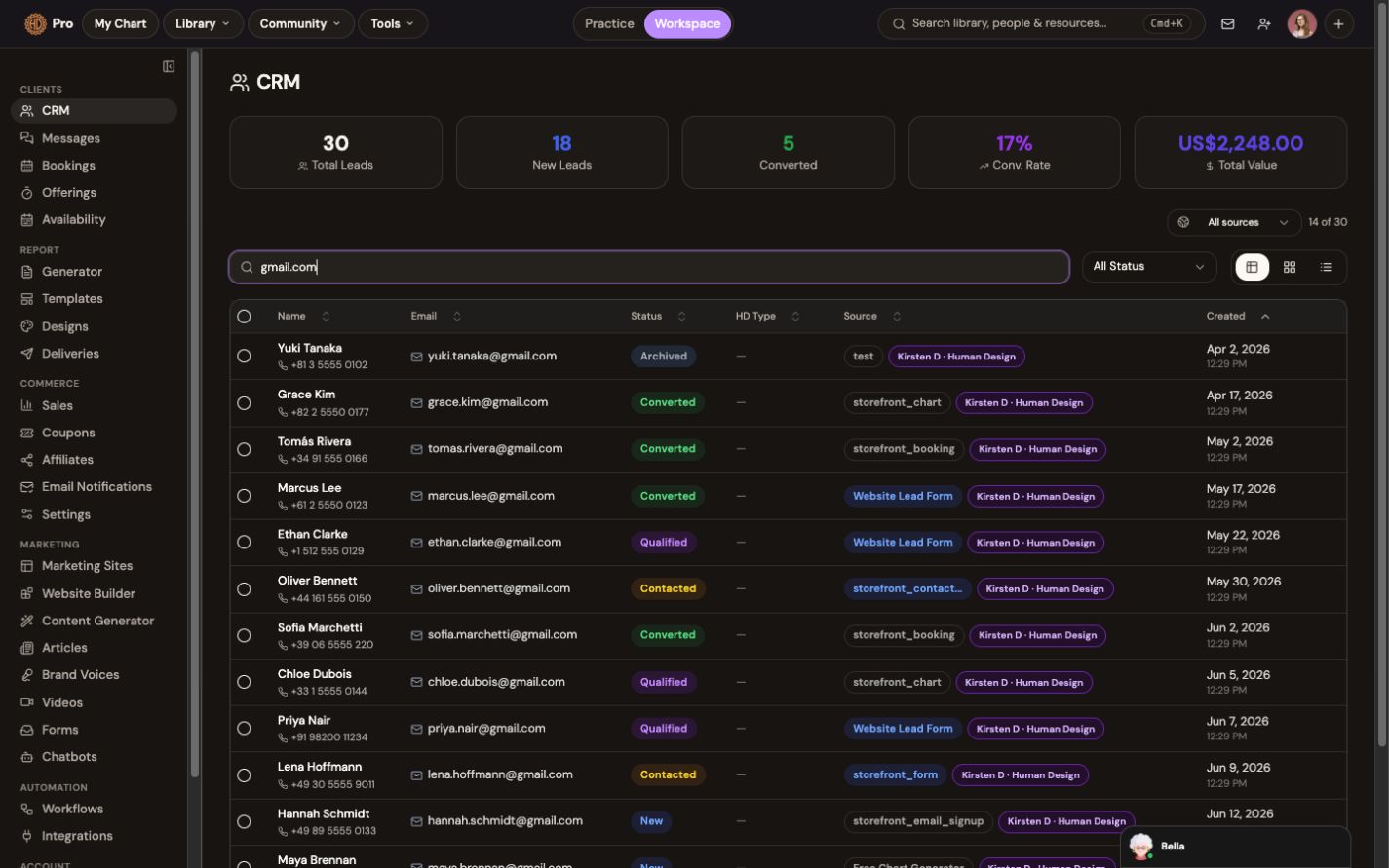 Pro CRM showing client records and relationship status