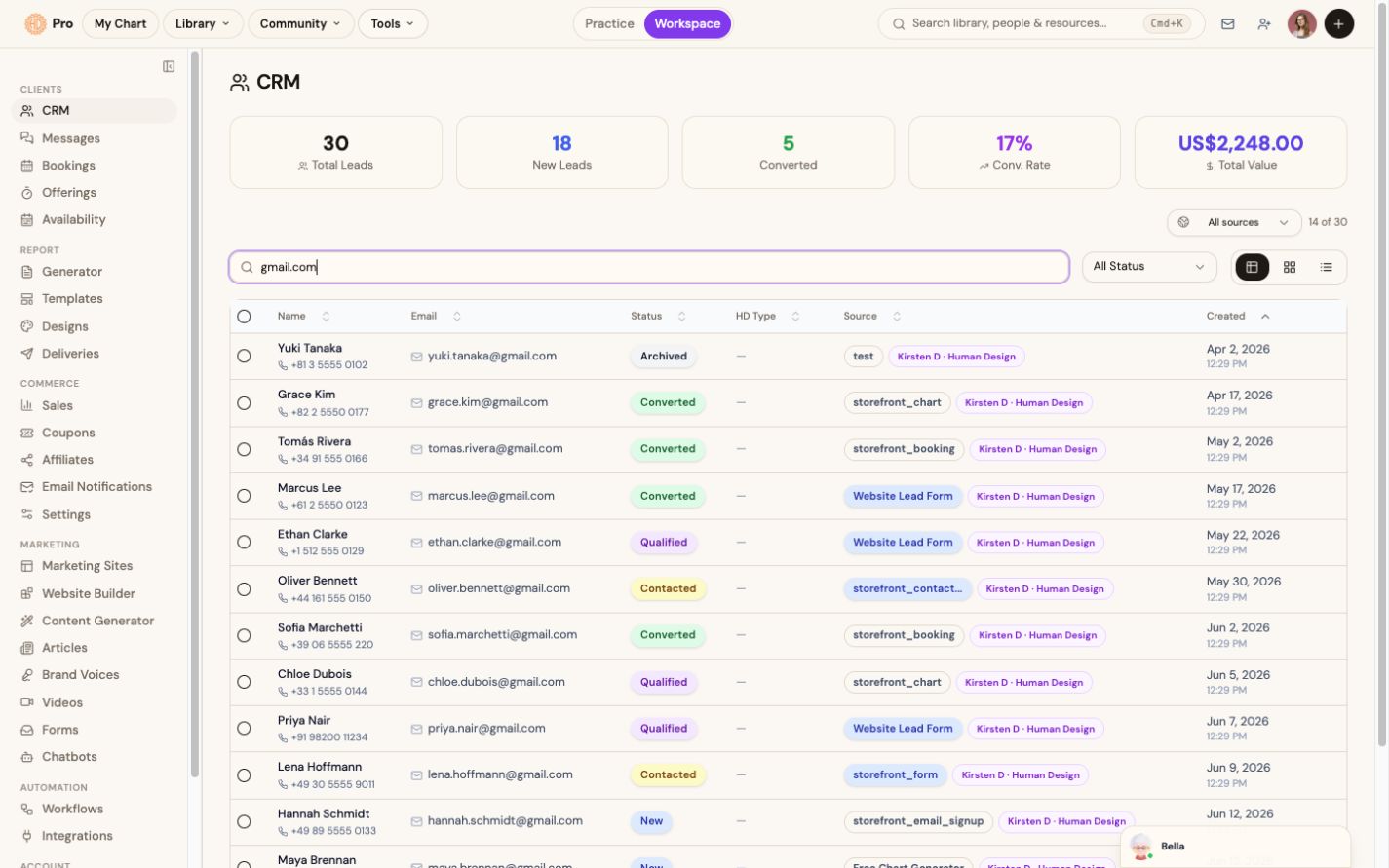 Pro CRM showing client records and relationship status