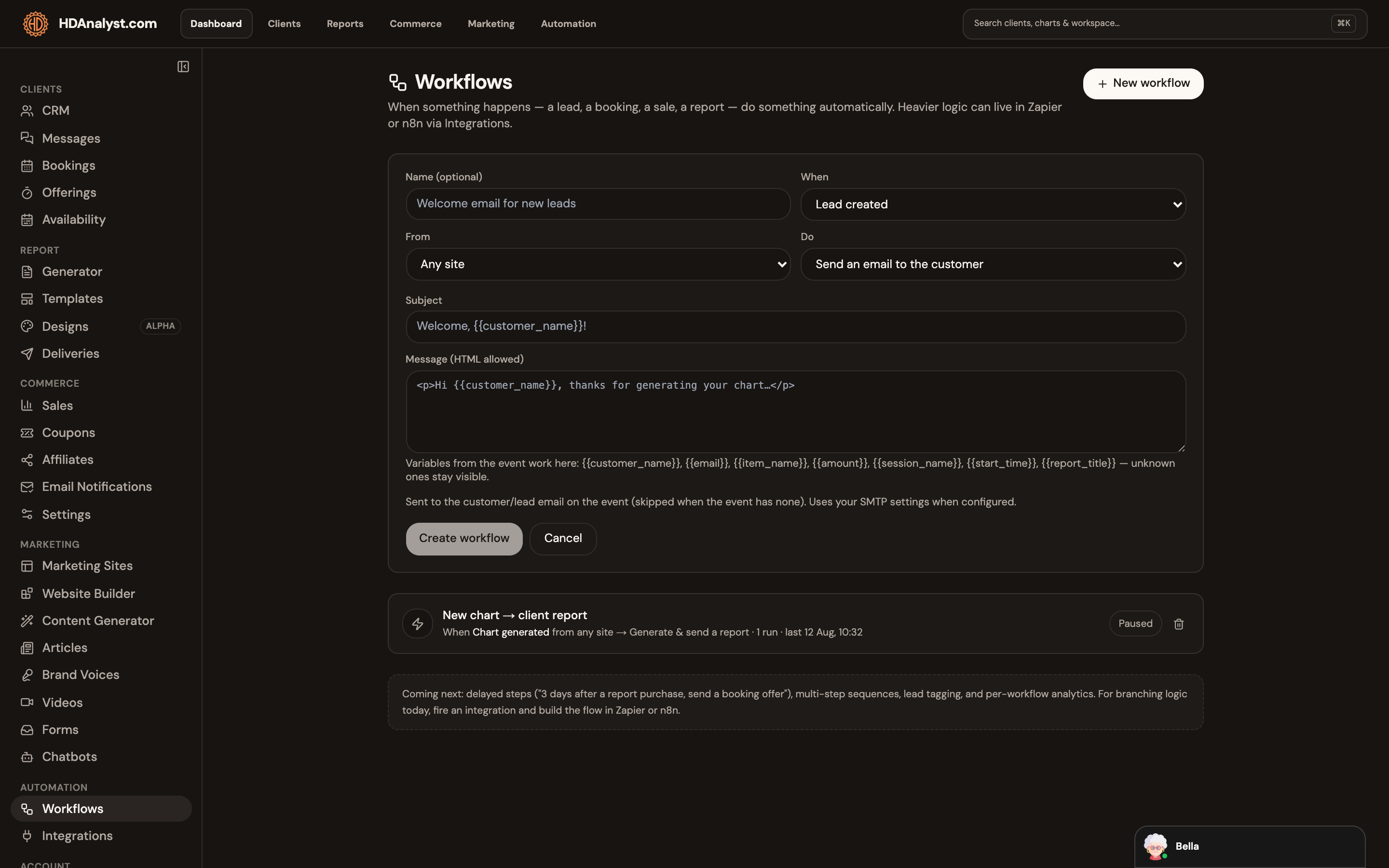 Pro workflow automation screen showing a saved trigger and action