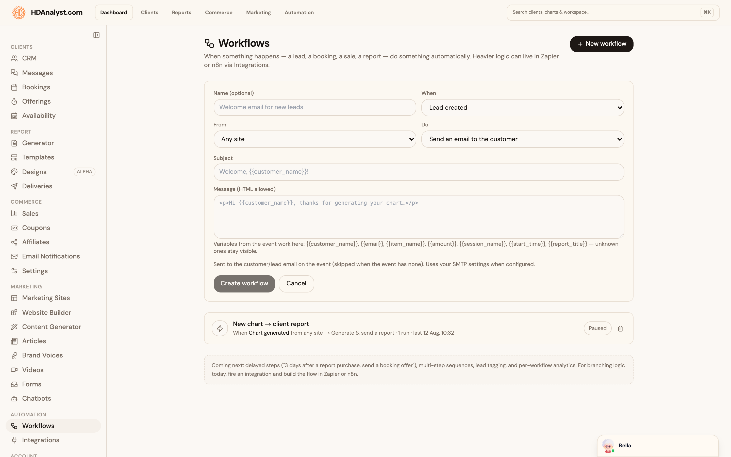 Pro workflow automation screen showing a saved trigger and action