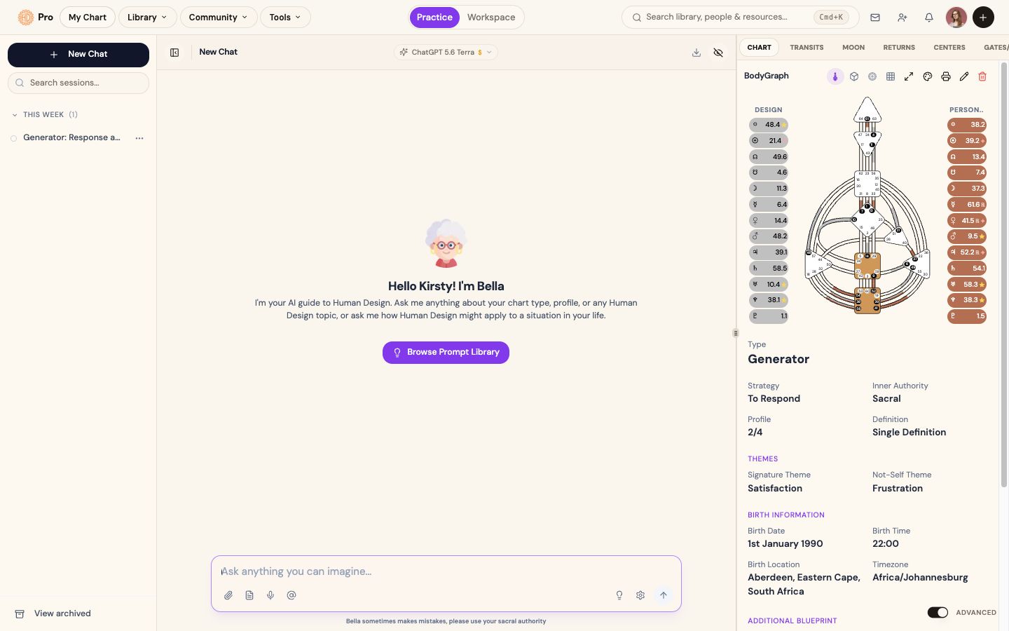 AI-assisted Human Design analysis beside chart context