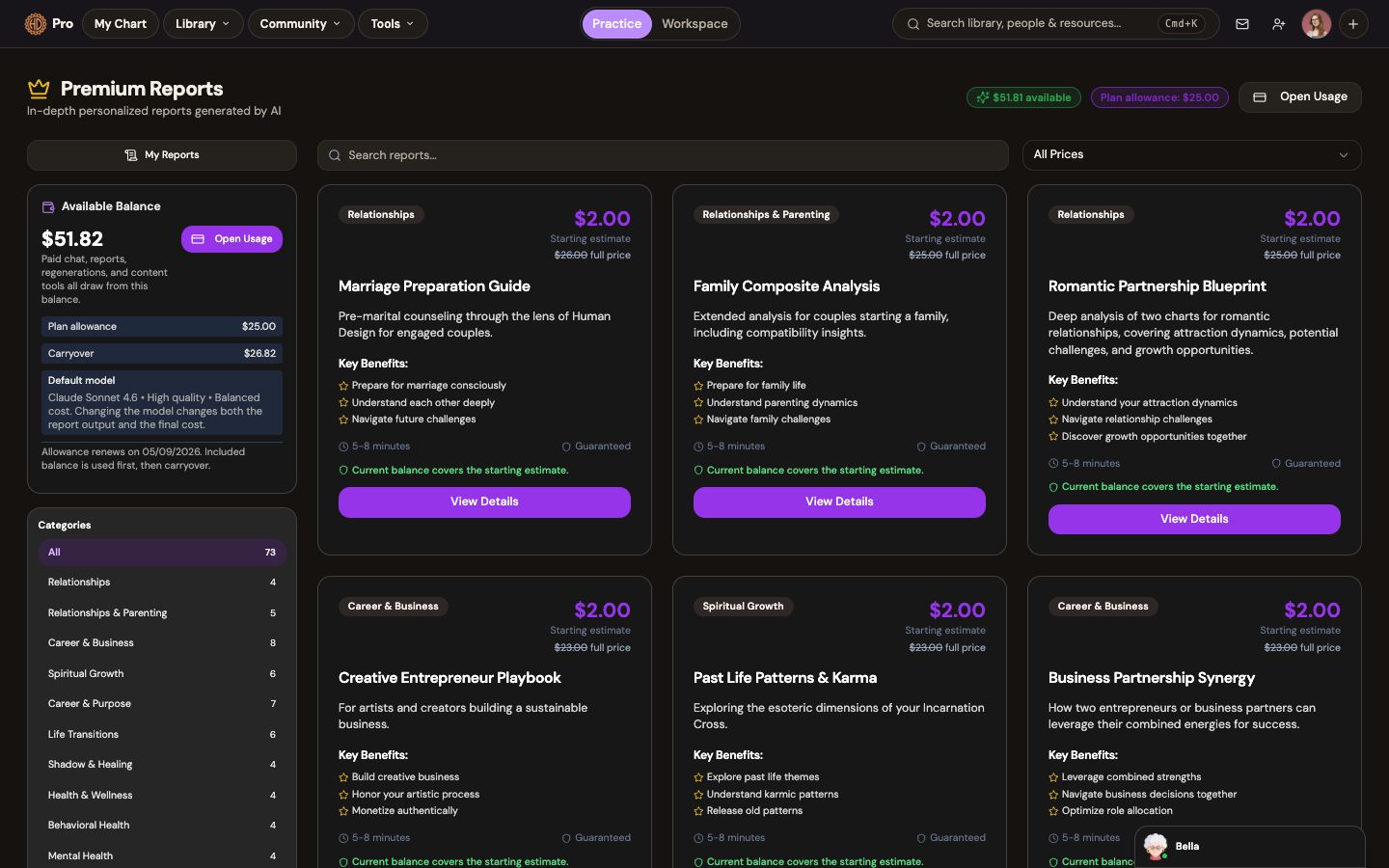 Premium Reports catalogue showing focused Human Design reports for client questions and relationships