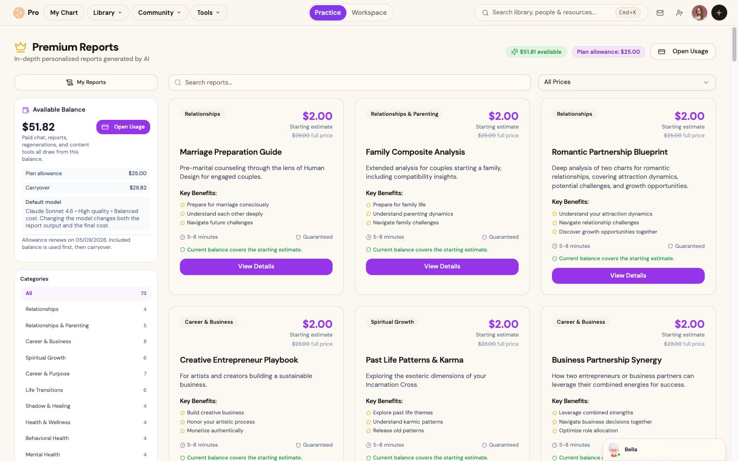 Premium Reports catalogue showing focused Human Design reports for client questions and relationships